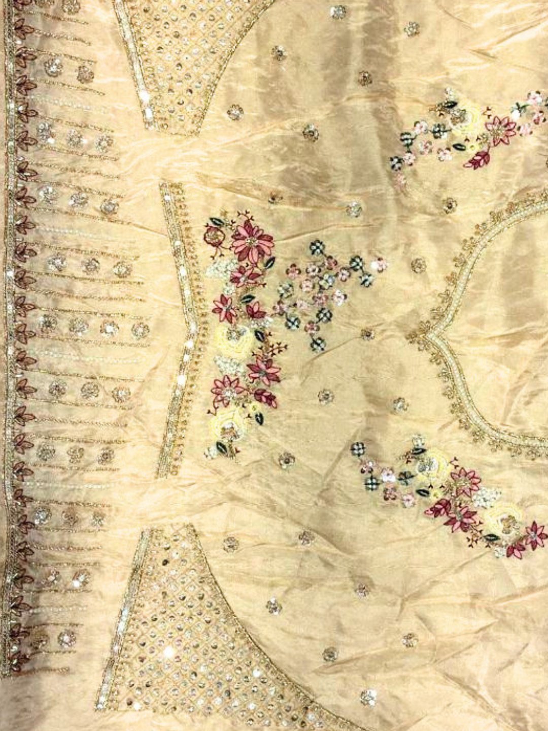 Sequin & Floral Embroidered Unstitched Lehenga with Blouse Fabric in Beige Peach
