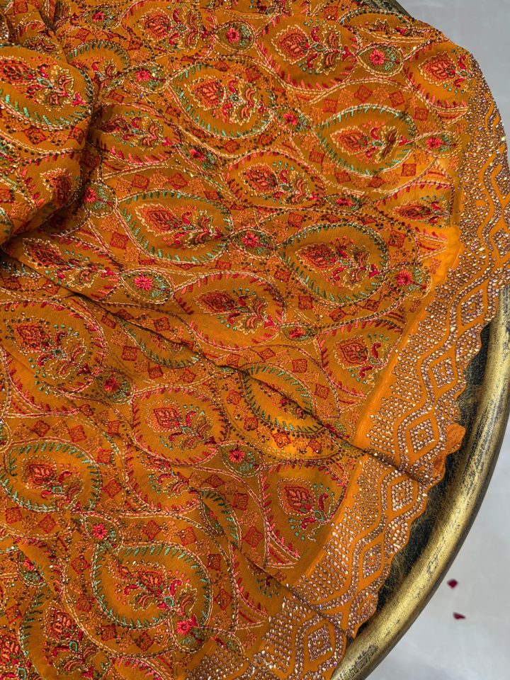 Mustard Multicolor Embroidered Paisley Saree with Scalloped Border
