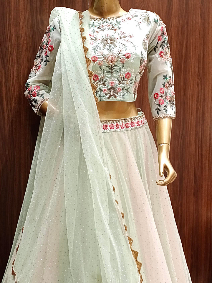 Pastel Ombre Net Flared Lehenga Set with Floral  Resham Embroidery