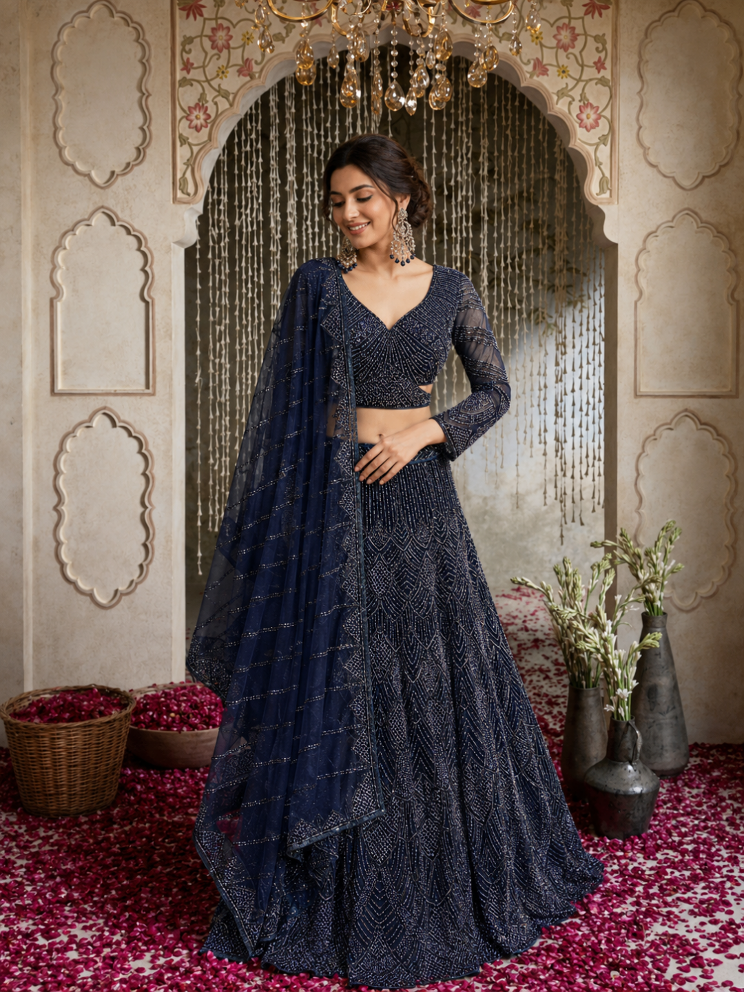 Navy Blue Net Lehenga Choli with Heavy Cutdana & Sequin Geometric Embroidery with Net Dupatta