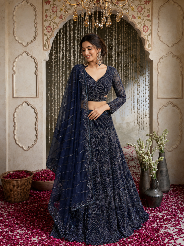 Navy Blue Net Lehenga Choli with Heavy Cutdana & Sequin Geometric Embroidery with Net Dupatta
