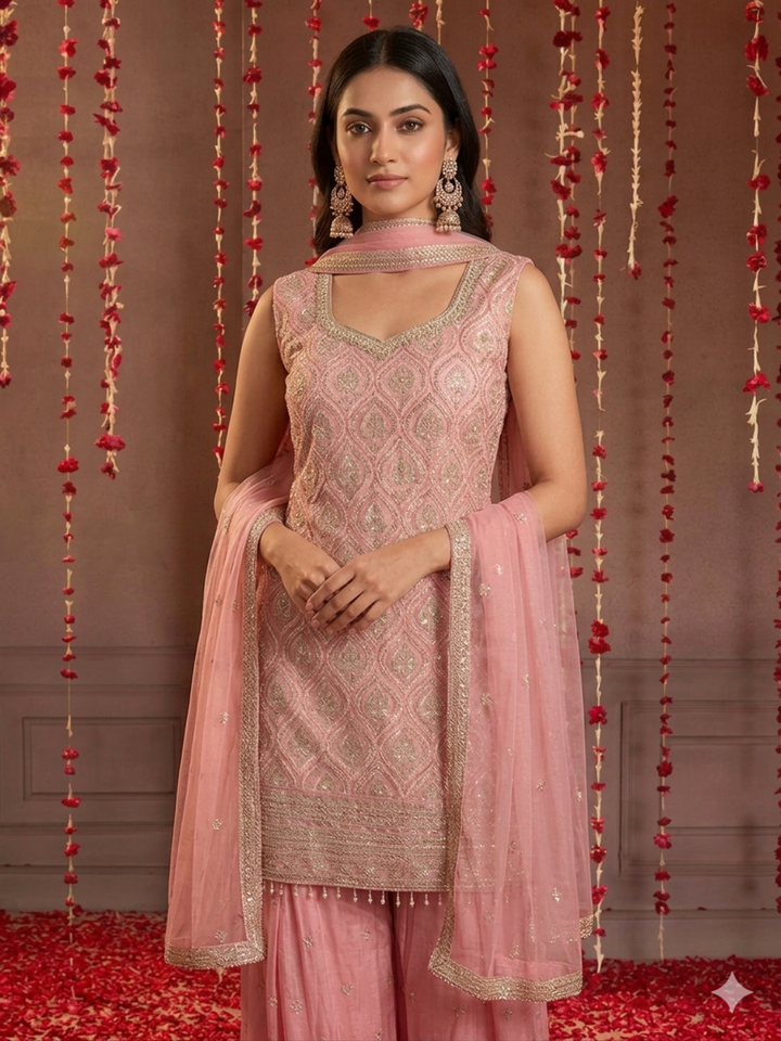 Sequinned Resham Embroidered Georgette Kurta with Sharara and Dupatta with Geometric Jaal Pattern
