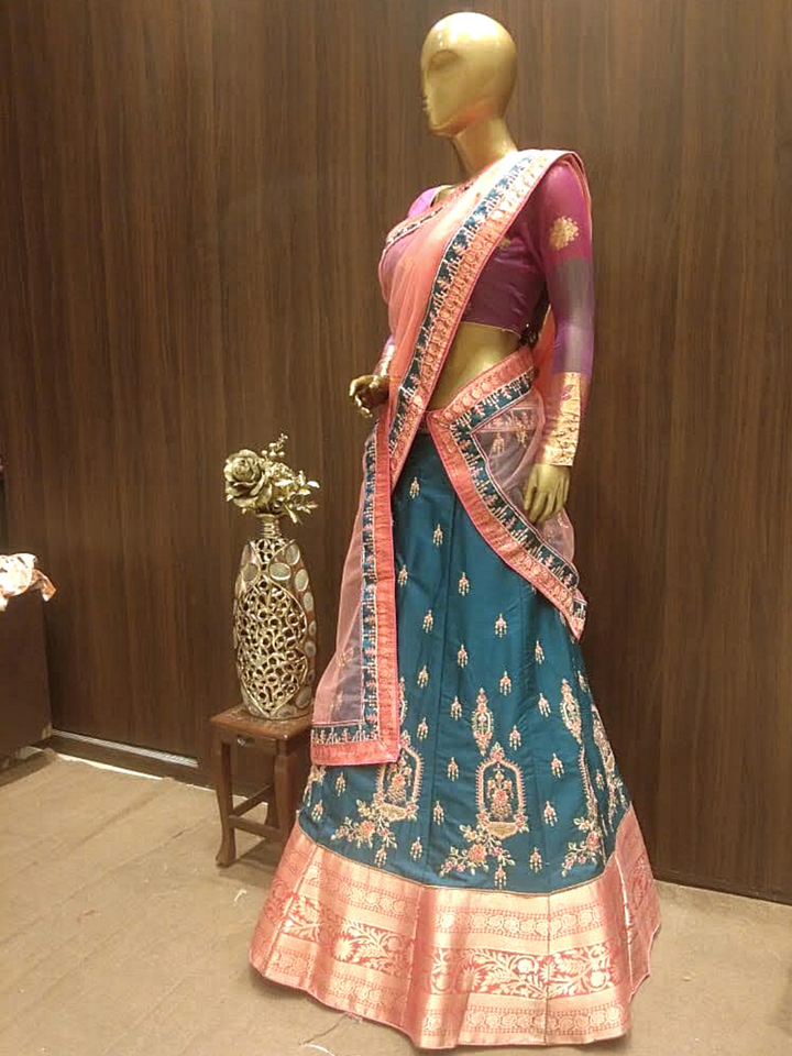 Green Semi-Stitched Lehenga with Contrast Dupatta & Blouse With Placement  Embroidery