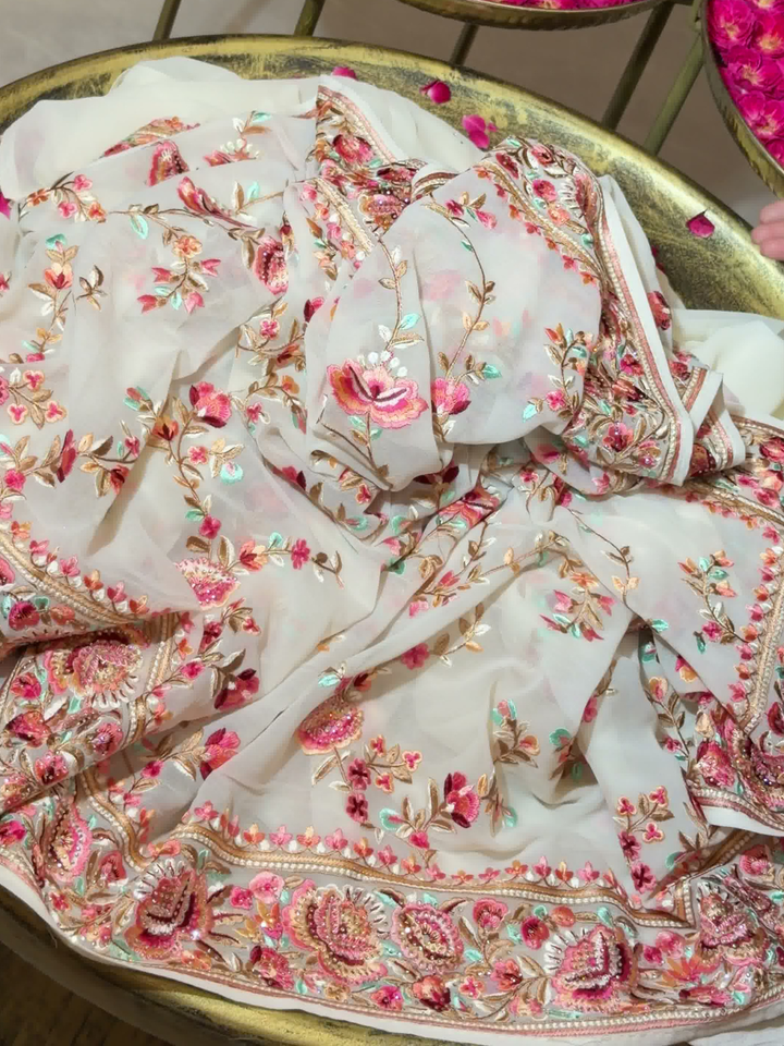 Floral Embroidered Georgette Saree in White