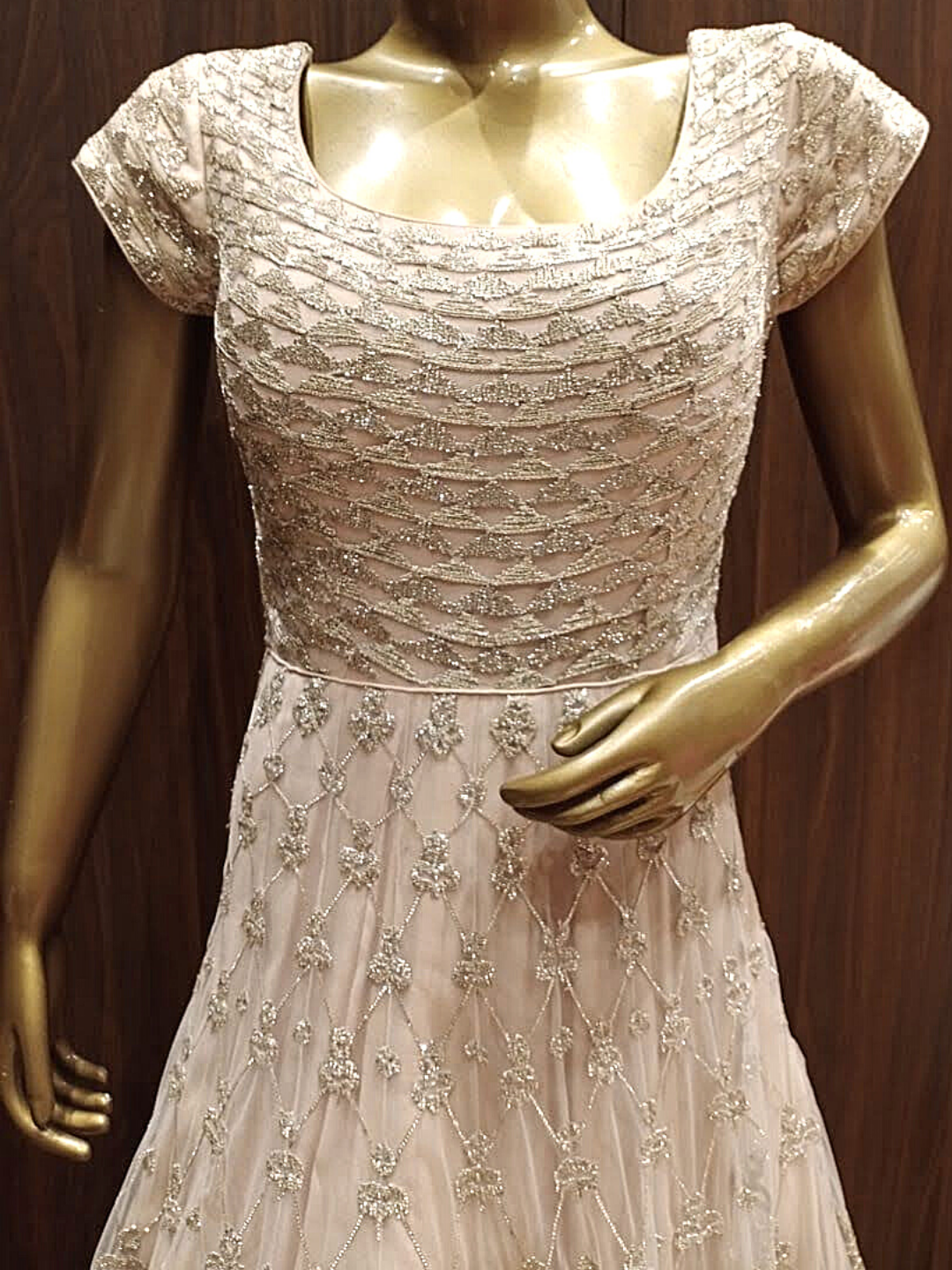 Beige Net Anarkali With Heavy Embroidery And Dupatta
