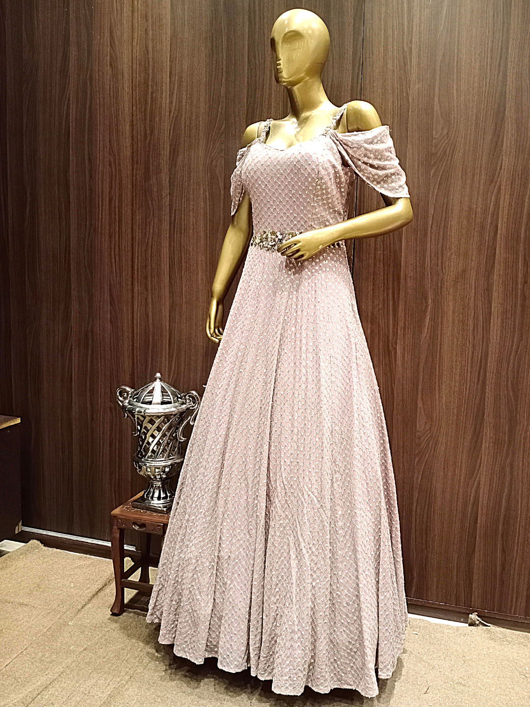 Pastel Pink Sequence Embellished Cocktail Gown with Ruffled Stylised Sleeves