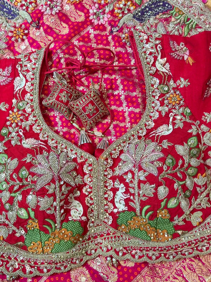 Banarasi Weave Saree with Nature Embroidered Stitched Blouse in Rani Pink