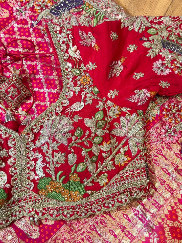 Banarasi Weave Saree with Nature Embroidered Stitched Blouse in Rani Pink