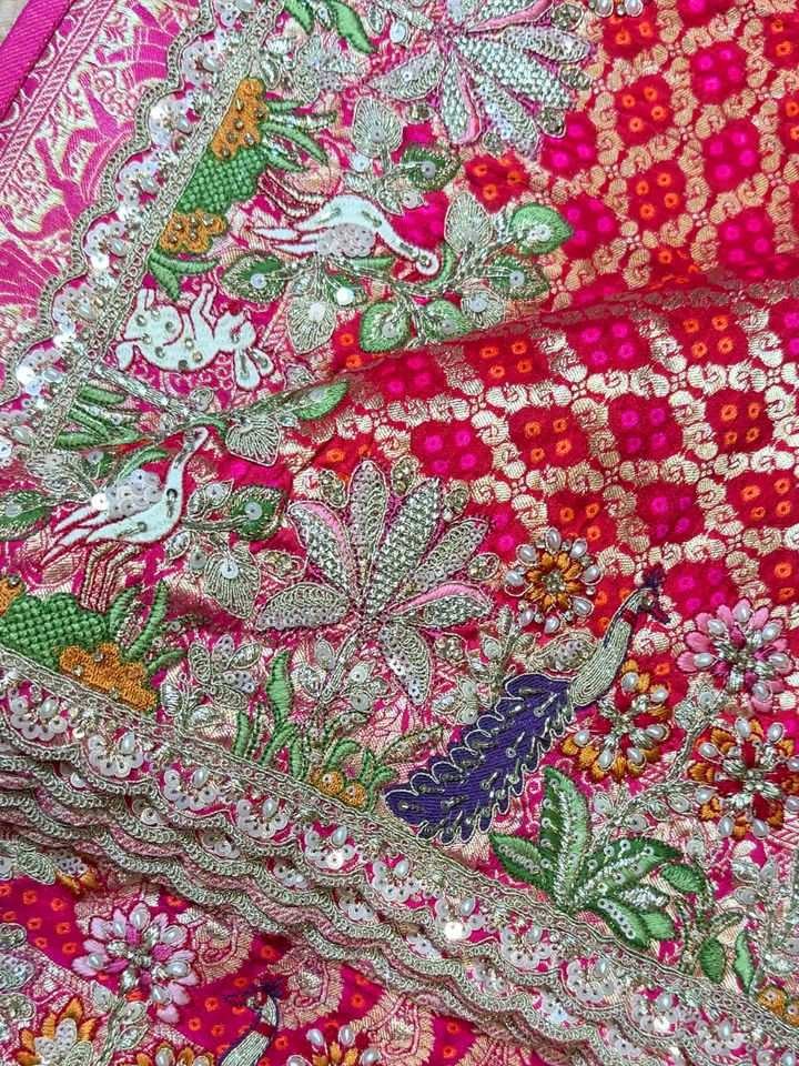 Banarasi Weave Saree with Nature Embroidered Stitched Blouse in Rani Pink