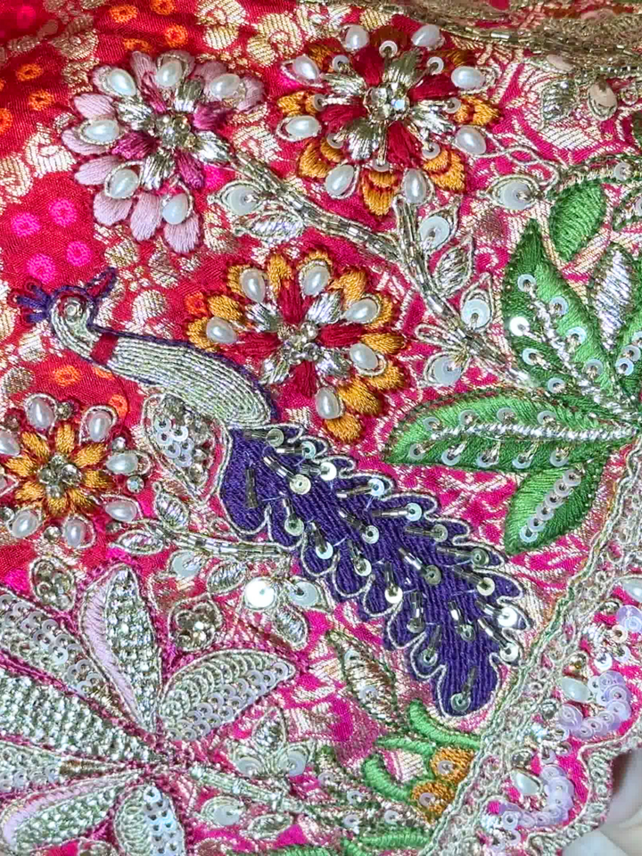 Banarasi Weave Saree with Nature Embroidered Stitched Blouse in Rani Pink