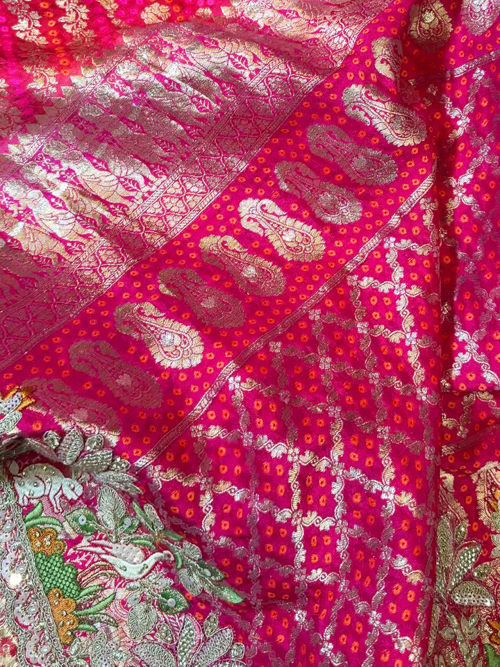 Banarasi Weave Saree with Nature Embroidered Stitched Blouse in Rani Pink