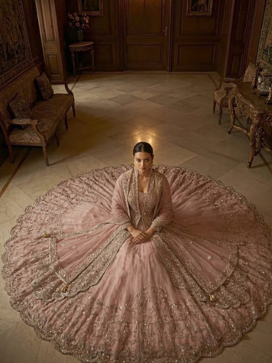 Dusty Pink Bridal Indo-western Lehenga Set with Zardozi Embroidery