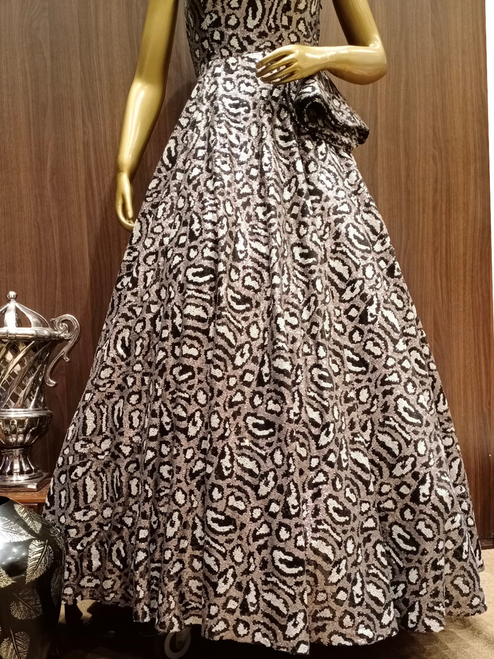 Ruffled Shoulder Flared Sequence Gown With Black,Gold Embellishments
