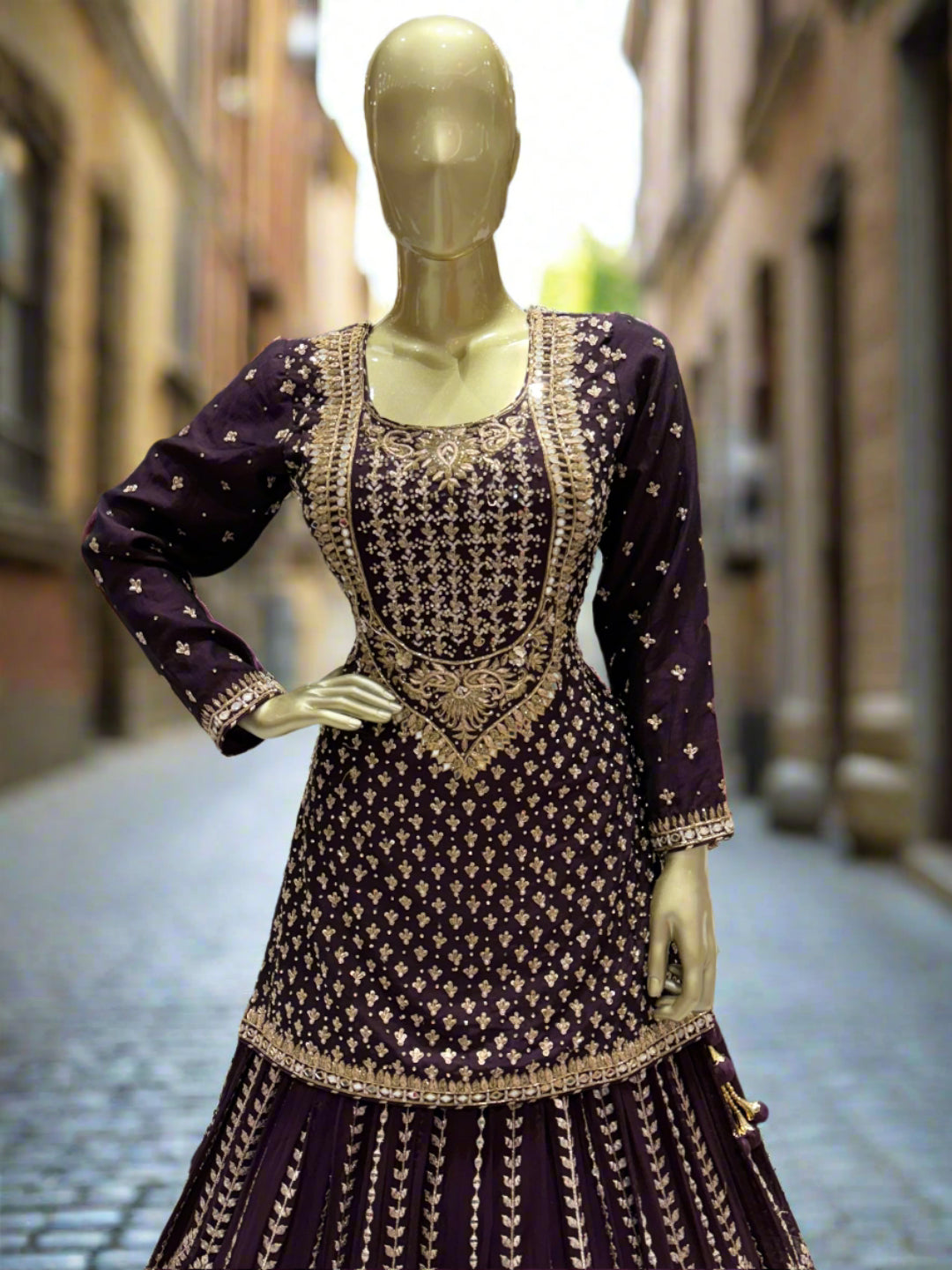 Deep Plum Embroidered Readymade Lehenga