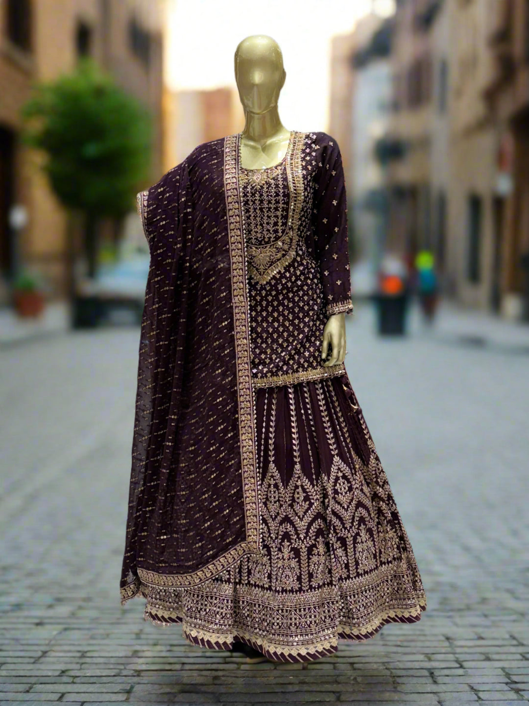 Deep Plum Embroidered Readymade Lehenga
