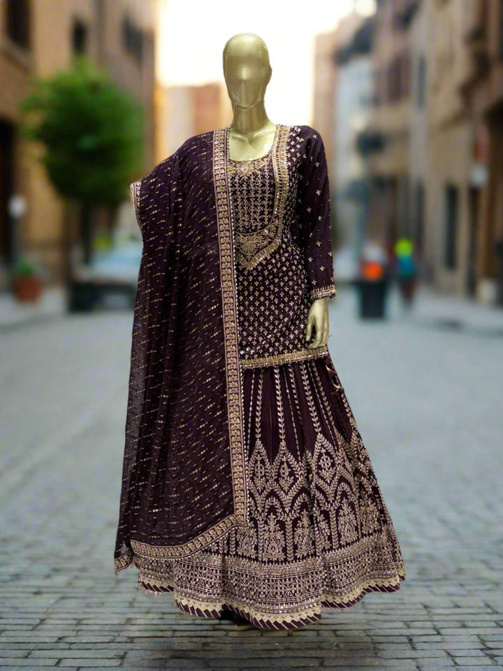 Deep Plum Embroidered Readymade Lehenga