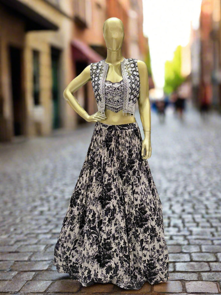 Elegant Floral Black and White Readymade Lehenga