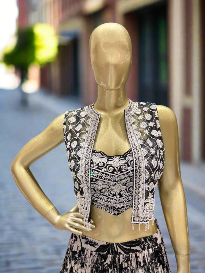 Elegant Floral Black and White Readymade Lehenga