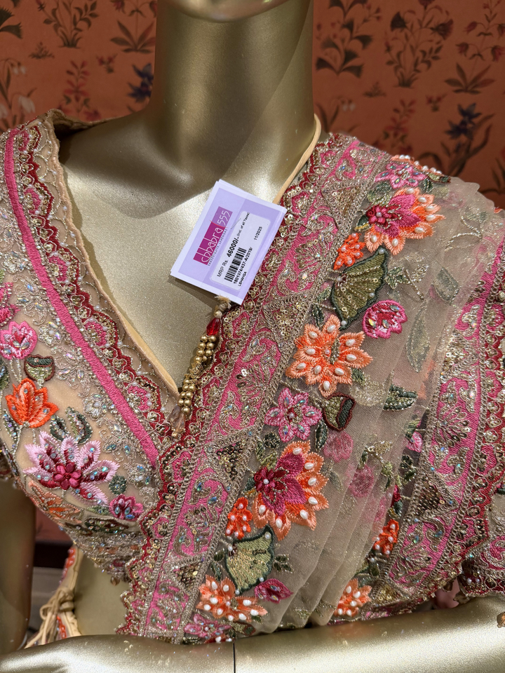 Heavy Multicolor Resham & Zari Embroidered Net Bridal Lehenga Set with Dupatta in Ivory