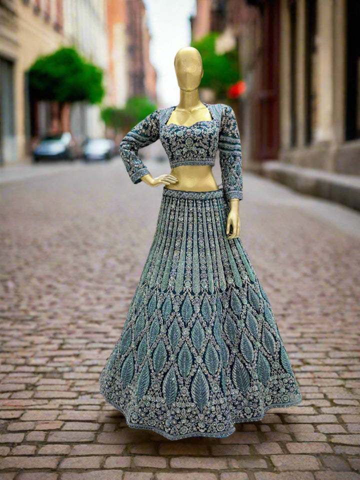 Exquisite Teal Blue Embroidered Lehenga