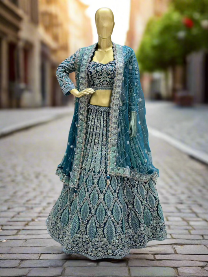 Exquisite Teal Blue Embroidered Lehenga