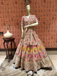Heavy Multicolor Resham & Zari Embroidered Net Bridal Lehenga Set with Dupatta in Ivory