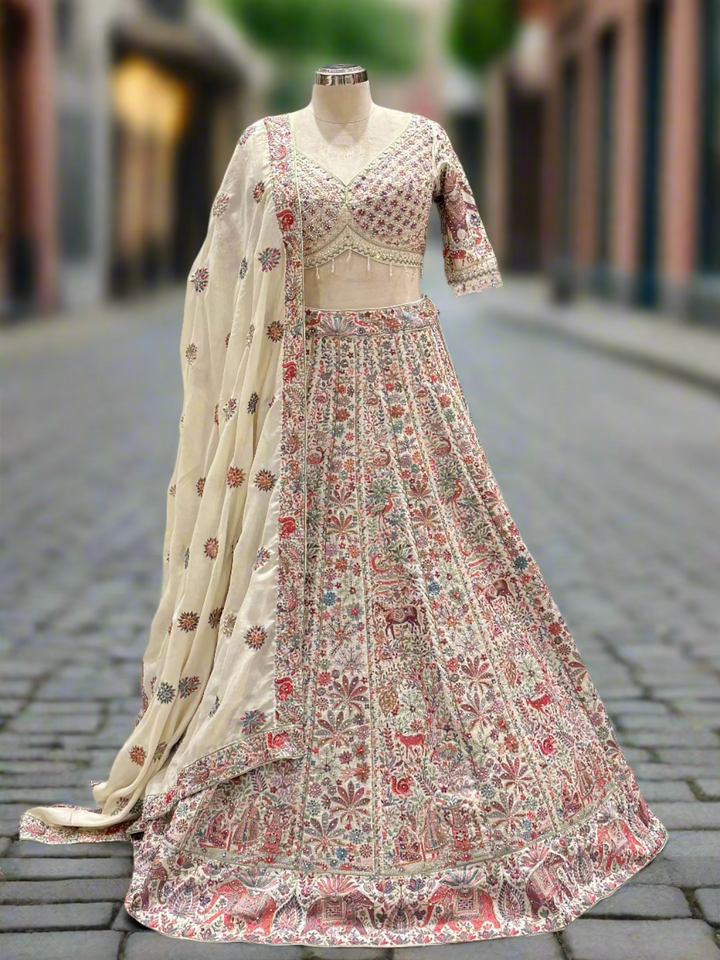 Elegant Cream Chinon Readymade Lehenga