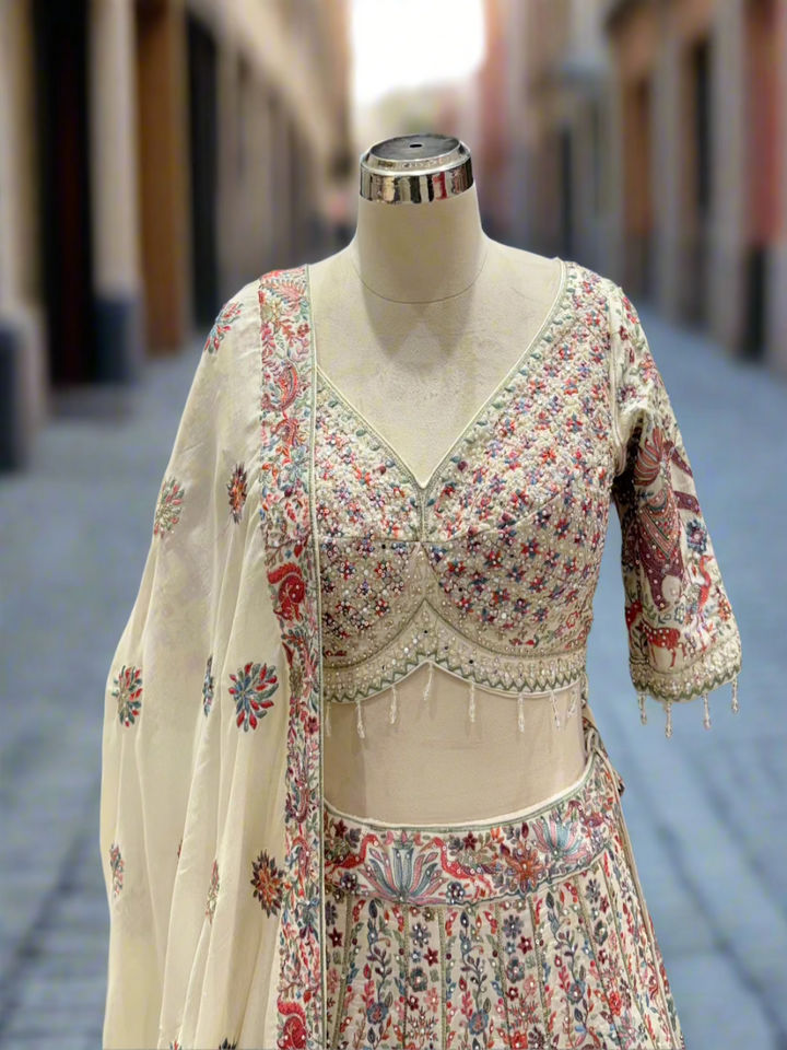 Elegant Cream Chinon Readymade Lehenga