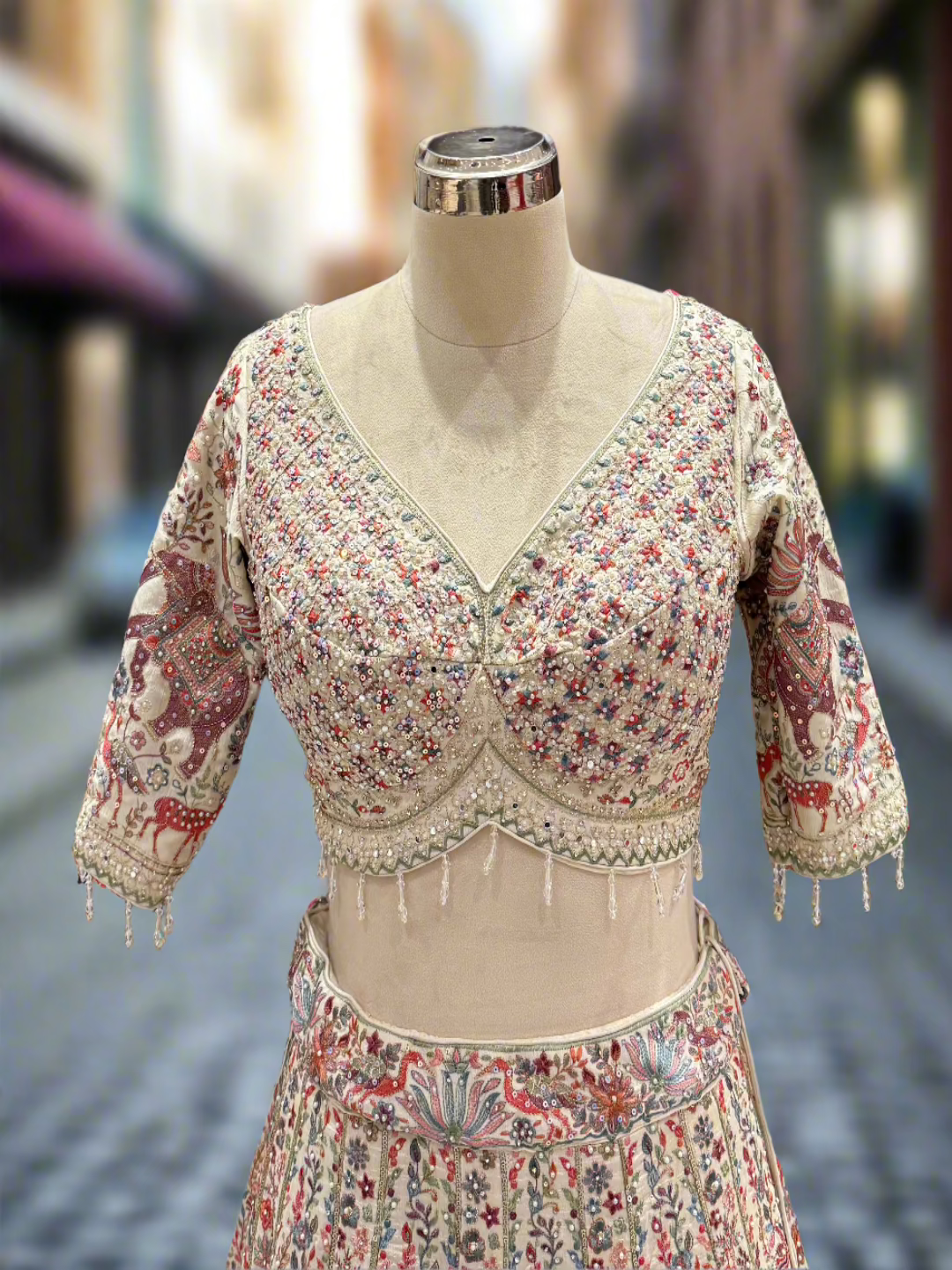 Elegant Cream Chinon Readymade Lehenga