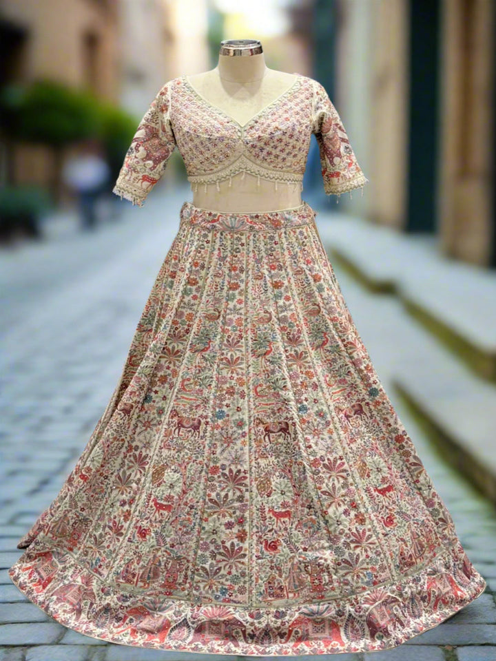 Elegant Cream Chinon Readymade Lehenga