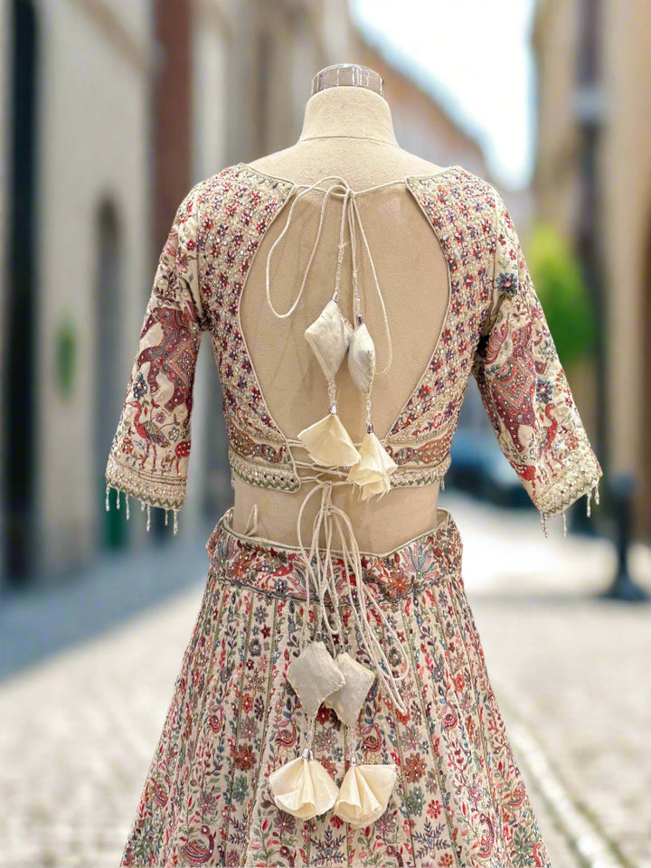 Elegant Cream Chinon Readymade Lehenga