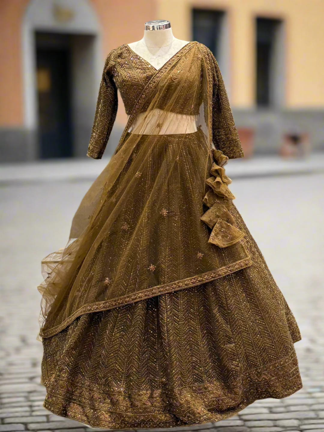 Olive Brown Net Lehenga