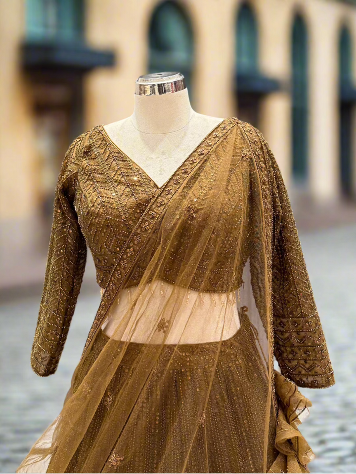 Olive Brown Net Lehenga