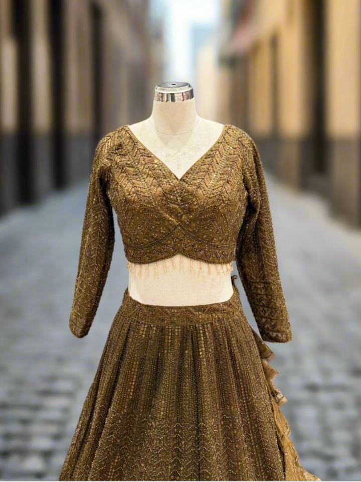 Olive Brown Net Lehenga