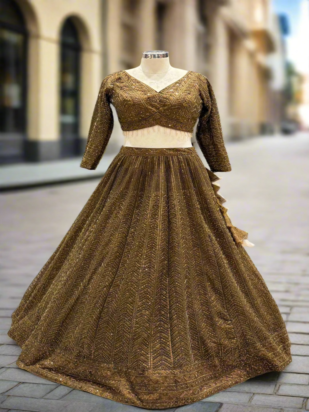 Olive Brown Net Lehenga