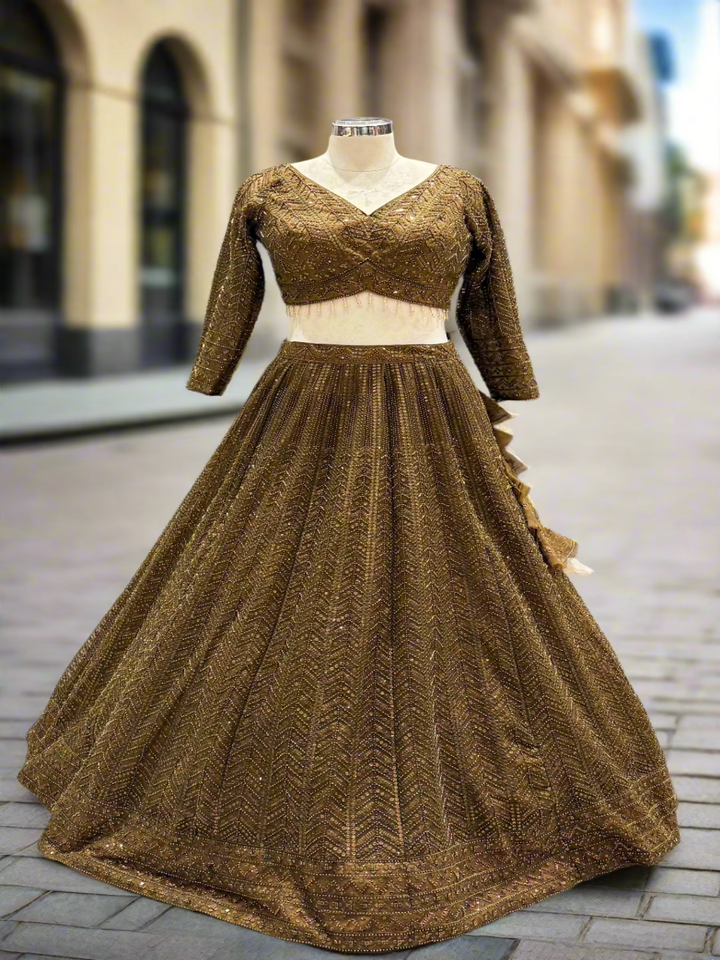 Olive Brown Net Lehenga