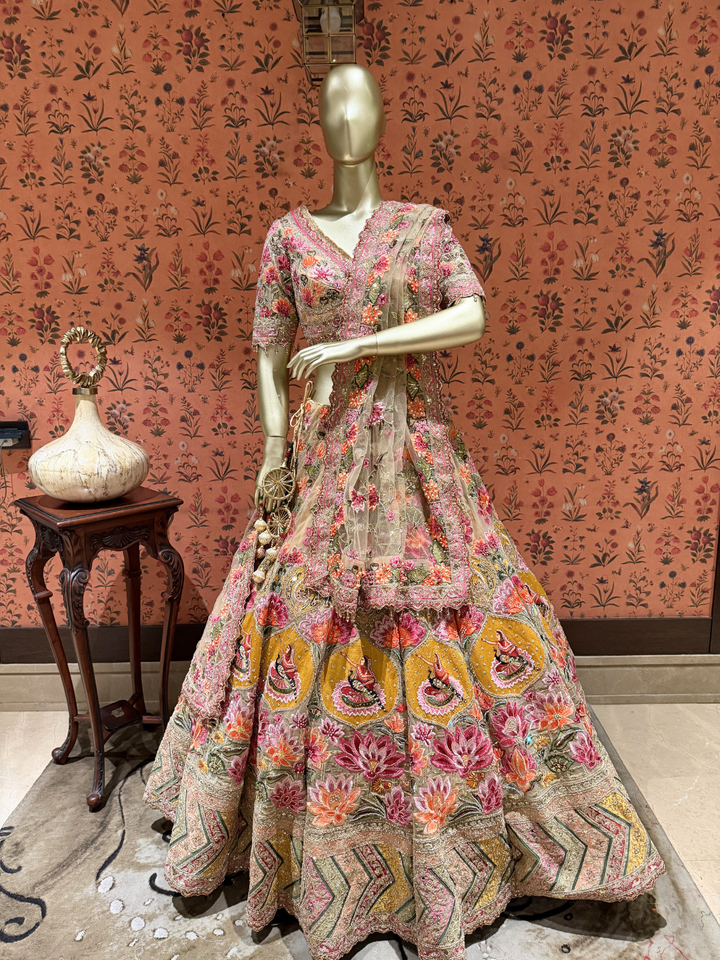 Heavy Multicolor Resham & Zari Embroidered Net Bridal Lehenga Set with Dupatta in Ivory