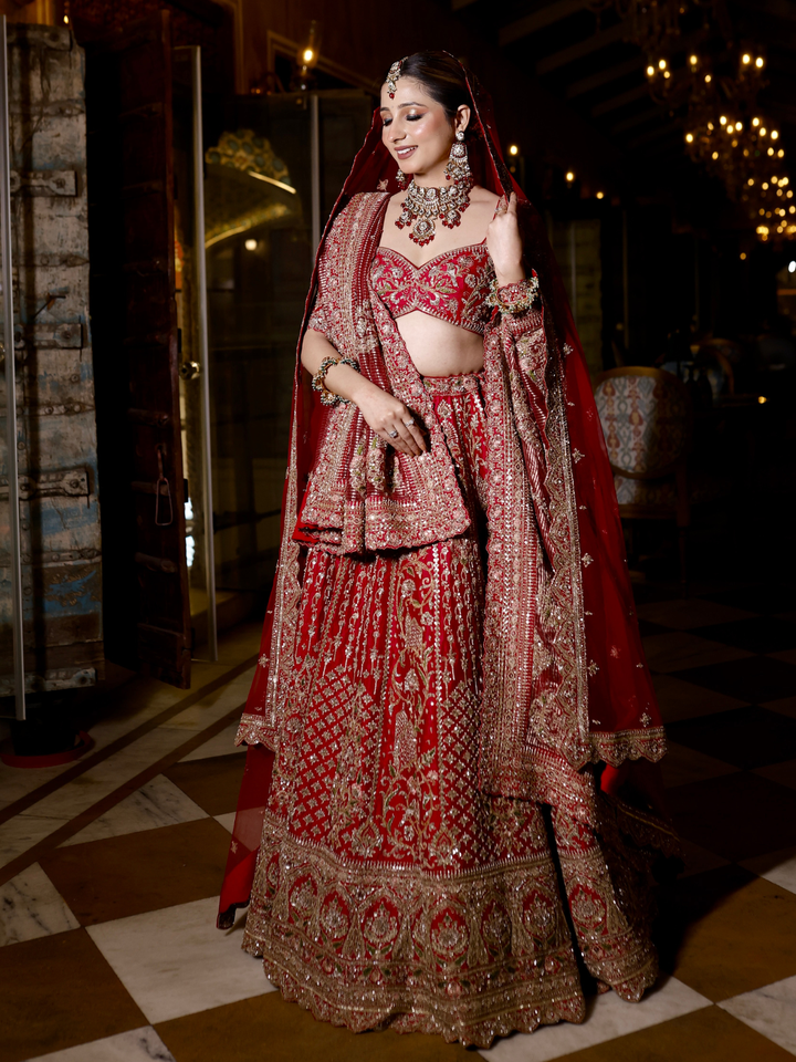 Silk Zari & Sequin Embroidered Bridal Lehenga Choli with Dupatta in Deep Red