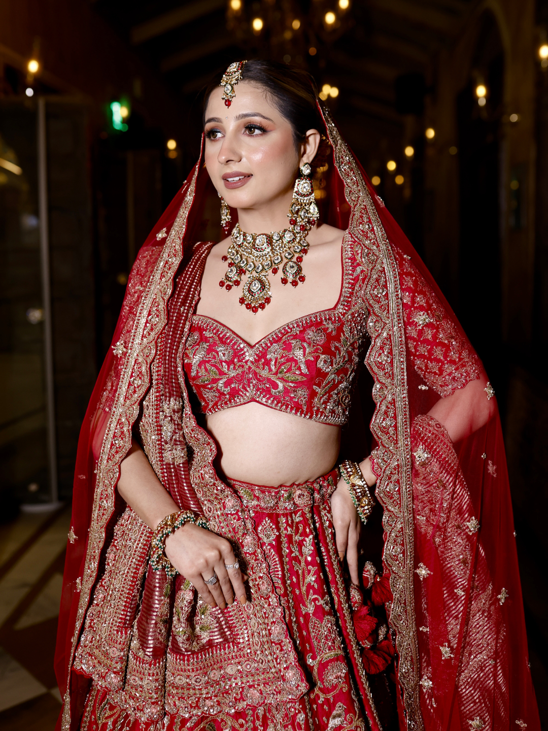 Silk Zari & Sequin Embroidered Bridal Lehenga Choli with Dupatta in Deep Red