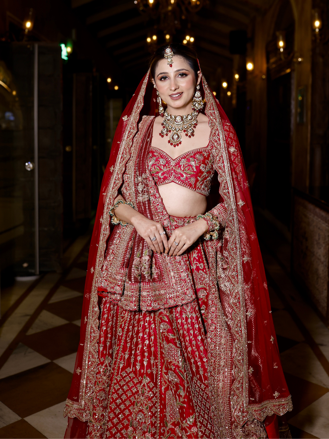 Silk Zari & Sequin Embroidered Bridal Lehenga Choli with Dupatta in Deep Red
