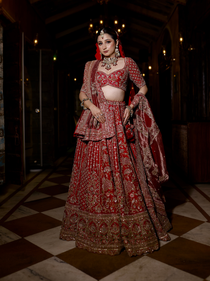 Silk Zari & Sequin Embroidered Bridal Lehenga Choli with Dupatta in Deep Red