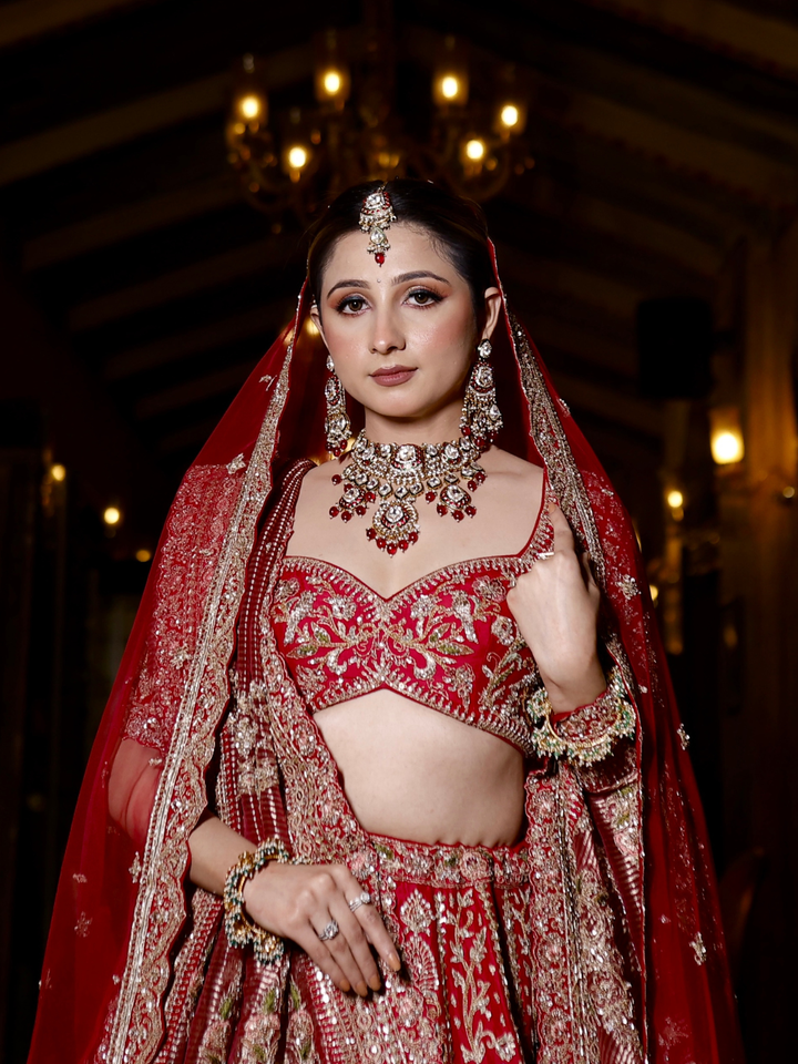 Silk Zari & Sequin Embroidered Bridal Lehenga Choli with Dupatta in Deep Red