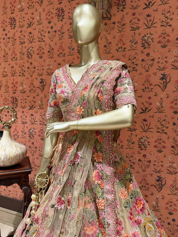 Heavy Multicolor Resham & Zari Embroidered Net Bridal Lehenga Set with Dupatta in Ivory