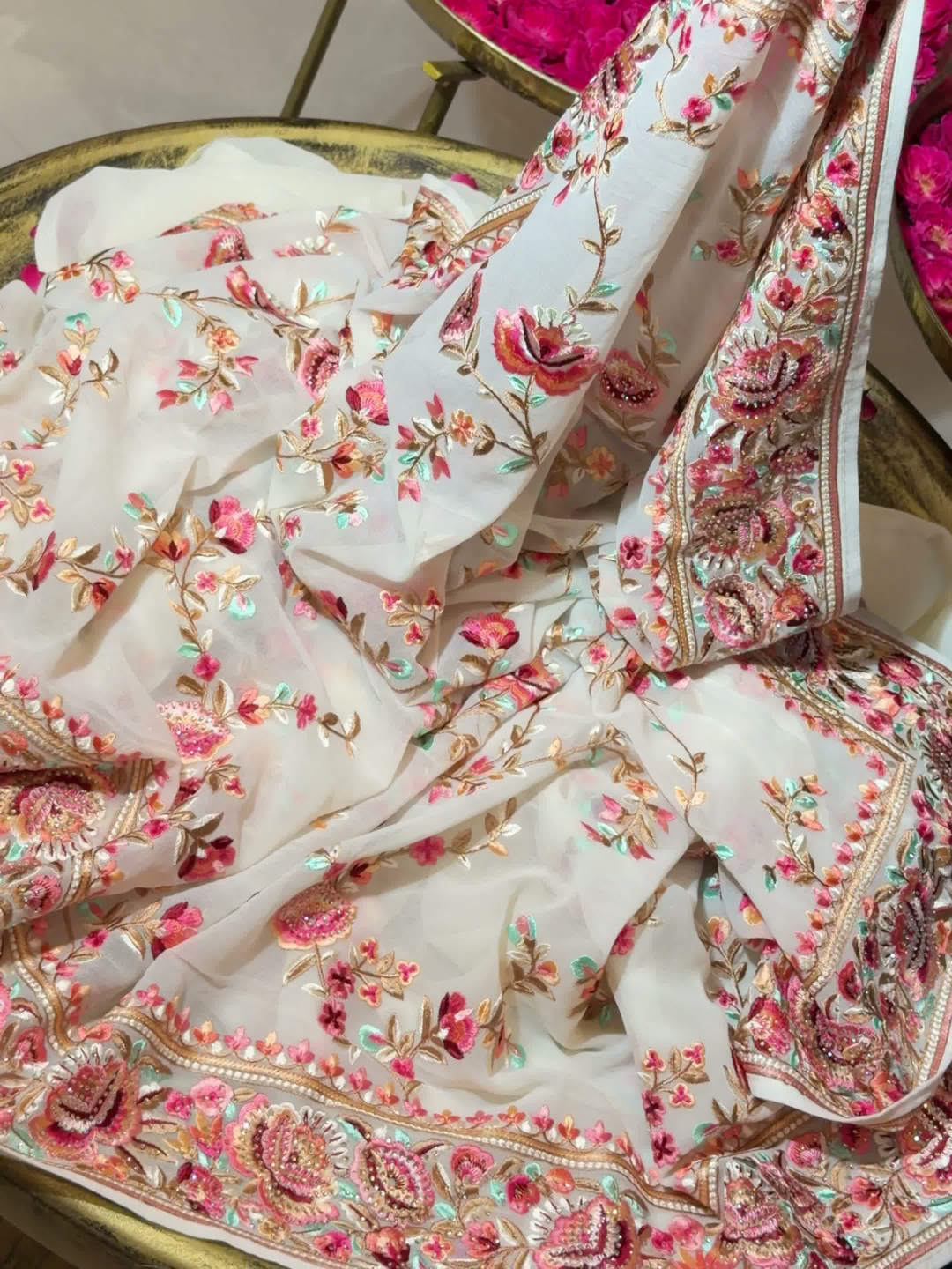 Floral Embroidered Georgette Saree in White