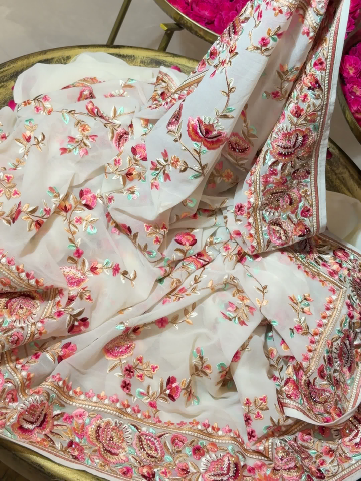 Floral Embroidered Georgette Saree in White