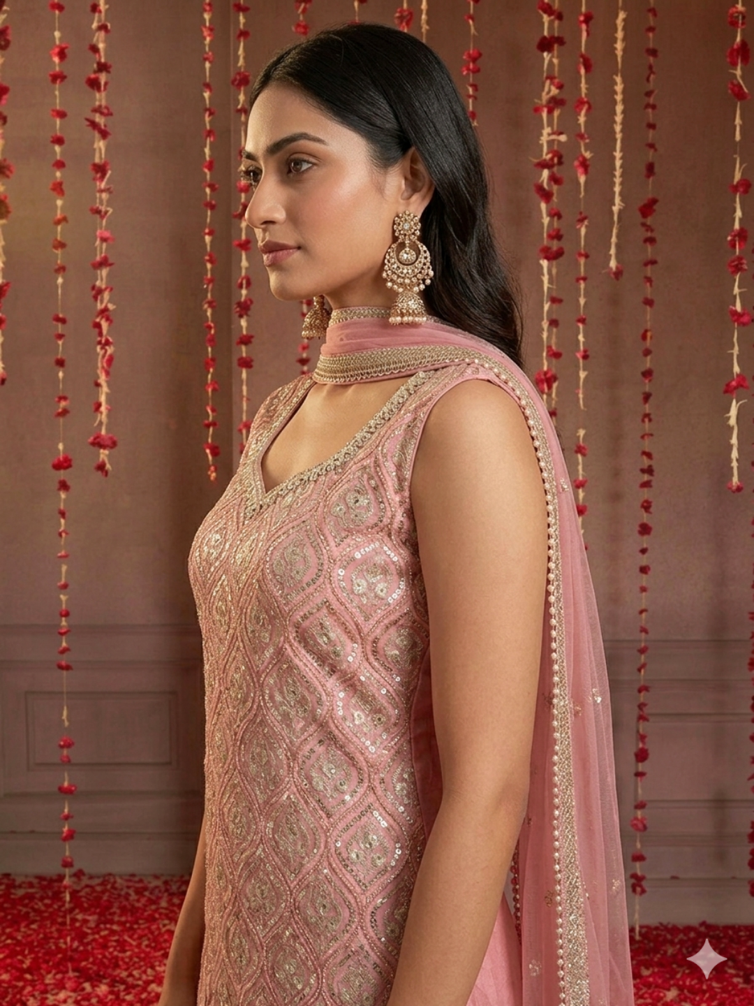 Sequinned Resham Embroidered Georgette Kurta with Sharara and Dupatta with Geometric Jaal Pattern