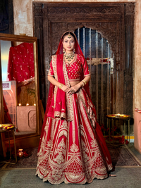 Golden Booti Embroidered Bridal Lehenga Choli Set in Red