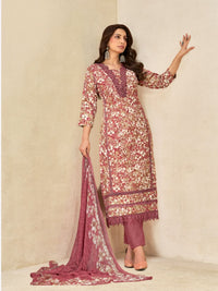 Cotton Floral Printed & Lace Detailed Unstitched Suit Dupatta in Dusty Pink