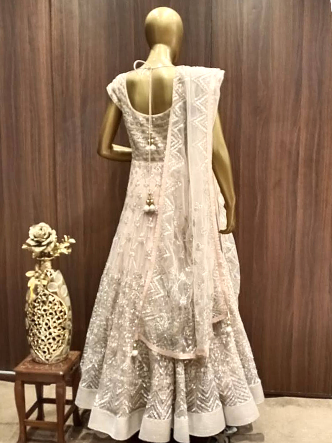 Beige Net Anarkali With Heavy Embroidery And Dupatta