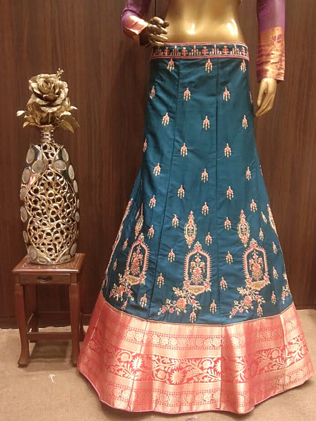 Green Semi-Stitched Lehenga with Contrast Dupatta & Blouse With Placement  Embroidery